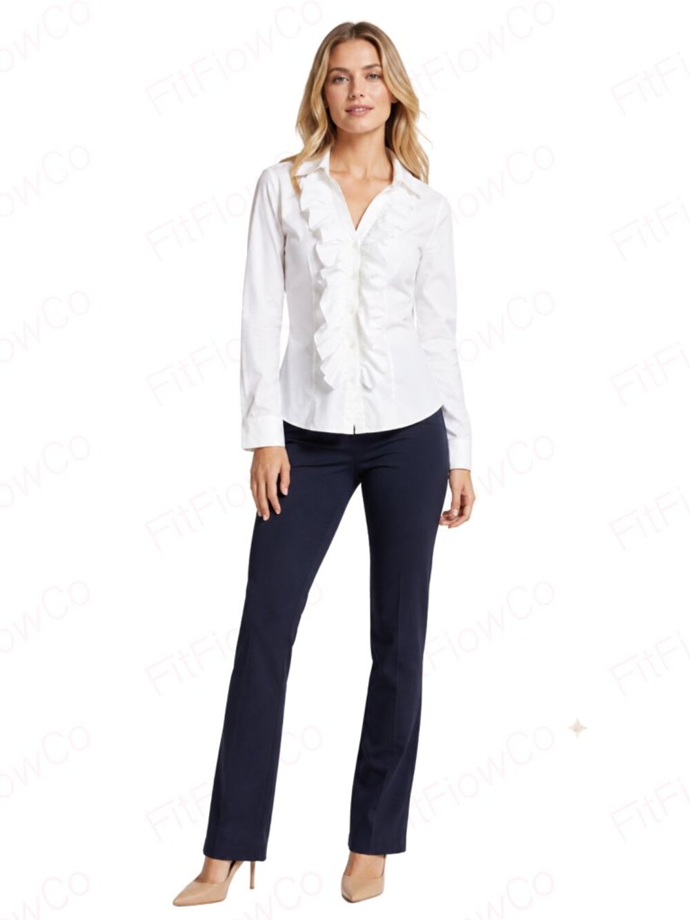 Nine West Suit White Cascading Ruffle Button Up Blouse 12P Petite Long Sleeve